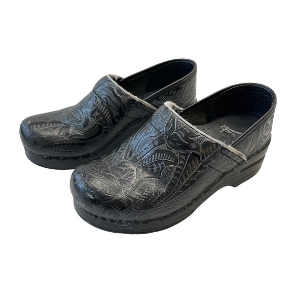 Dansko‎ Leather Clogs Embossed Slip On Comfort Shoes Black Womens Size 6 - Picture 1 of 7